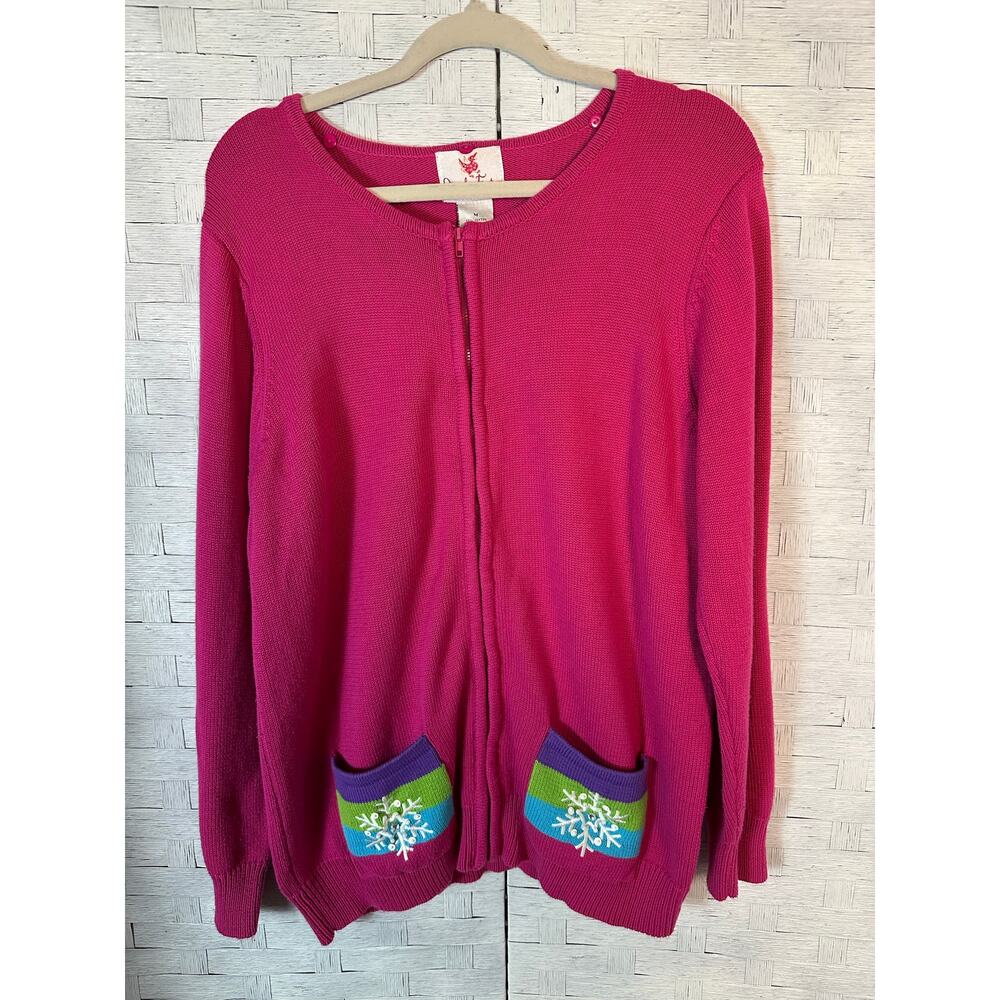 Quacker factory women’s cardigan zip up front snowflake pocket pink holiday